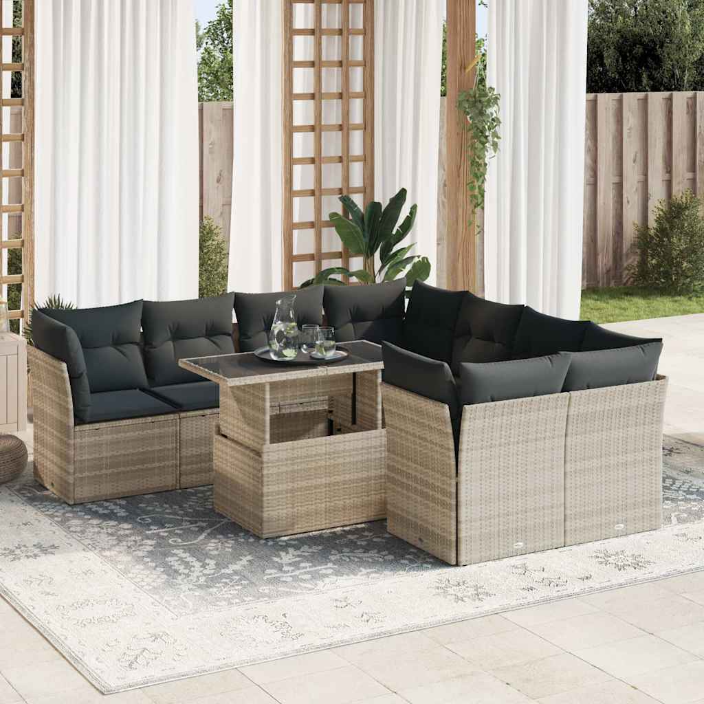 vidaXL Set canapele de grădină cu perne, 9 piese gri deschis poliratan