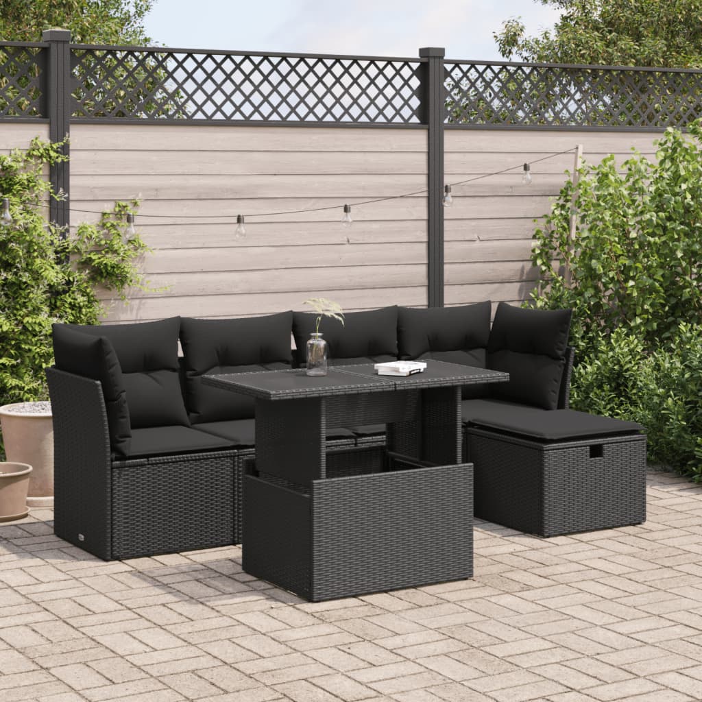 vidaXL 6-tlg. Garten-Sofagarnitur mit Kissen Schwarz Poly Rattan