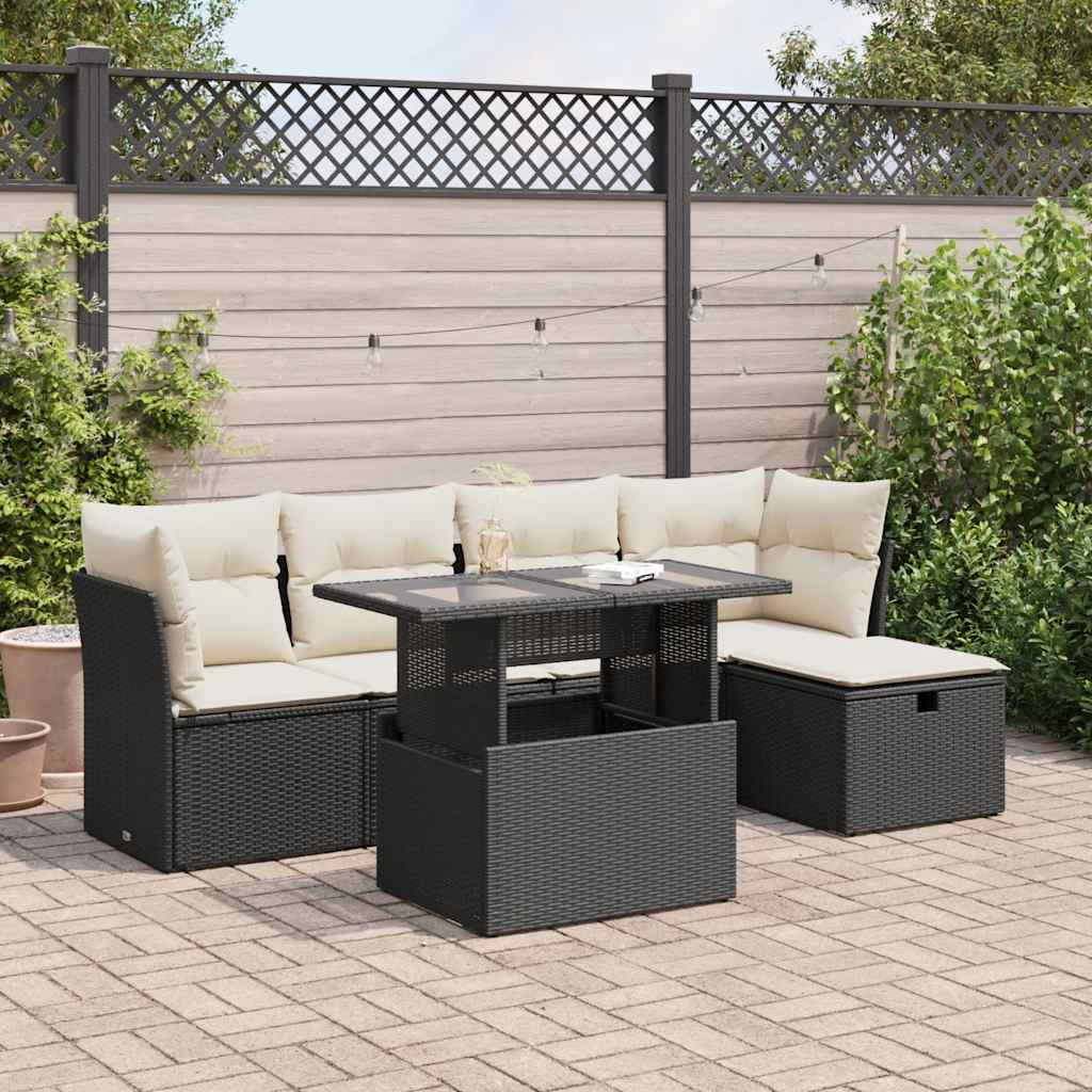 vidaXL 6-tlg. Garten-Sofagarnitur mit Kissen Schwarz Poly Rattan