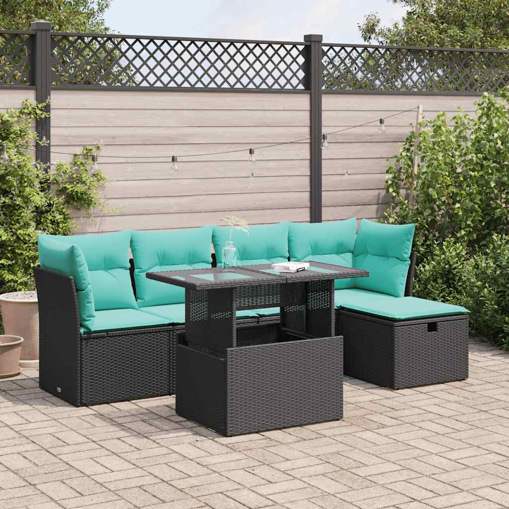 vidaXL 6-tlg. Garten-Sofagarnitur mit Kissen Schwarz Poly Rattan