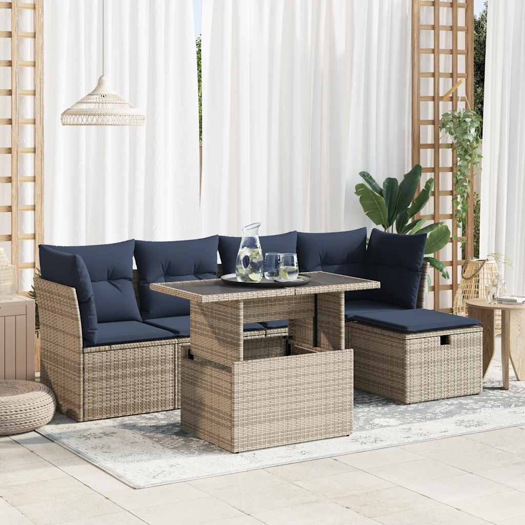 vidaXL 6-tlg. Garten-Sofagarnitur mit Kissen Grau Poly Rattan Akazie