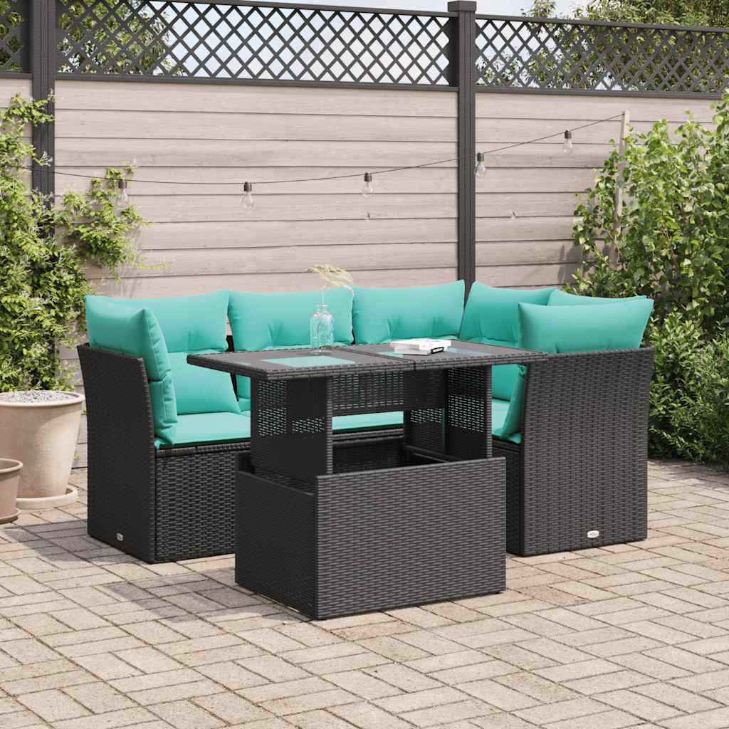 vidaXL 5tlg. Garten-Sofagarnitur mit Kissen Schwarz Poly Rattan Akazie