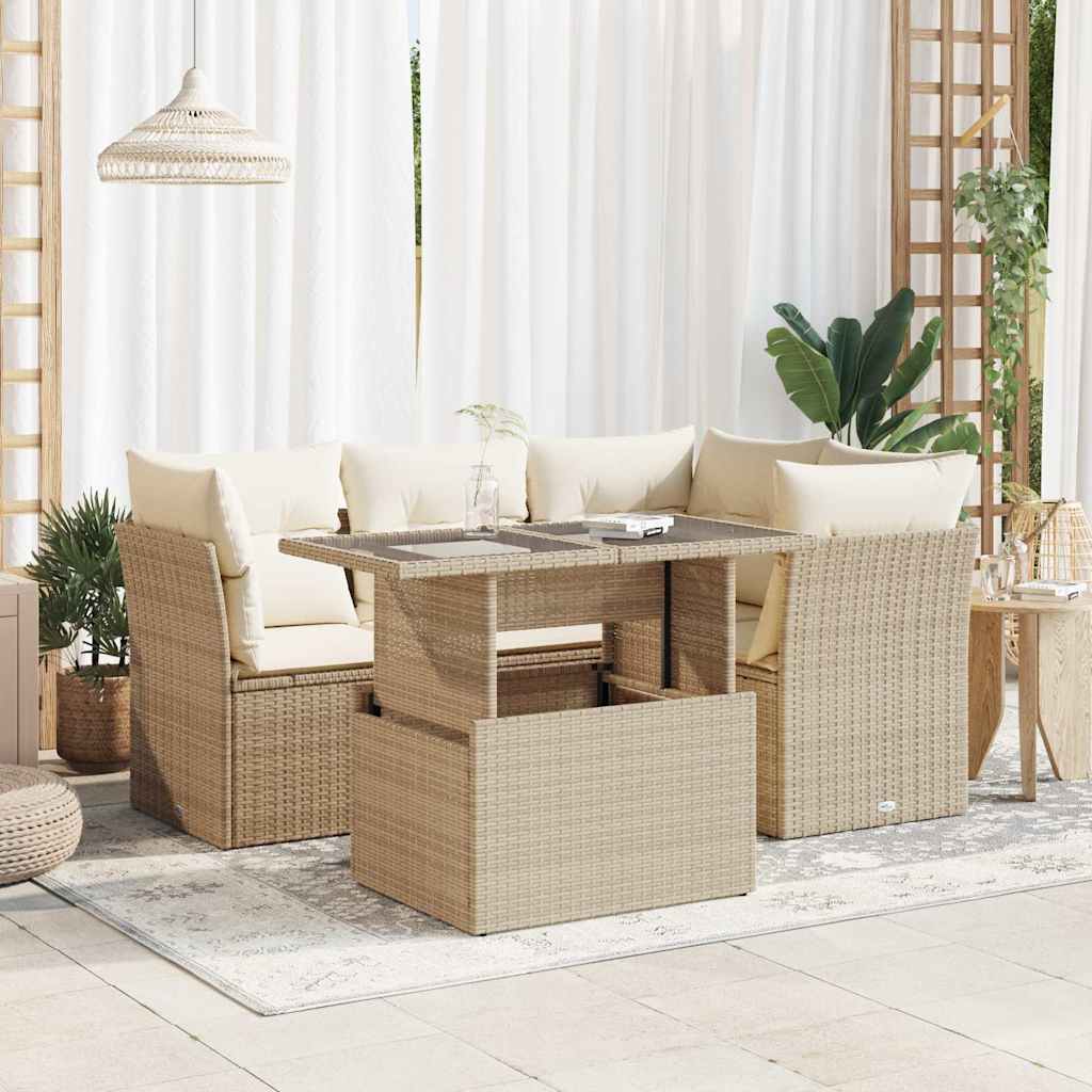 vidaXL 5-tlg. Garten-Sofagarnitur mit Kissen Beige Poly Rattan