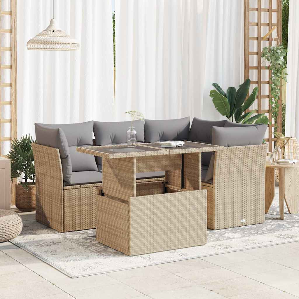 vidaXL 5-tlg. Garten-Sofagarnitur mit Kissen Beige Poly Rattan