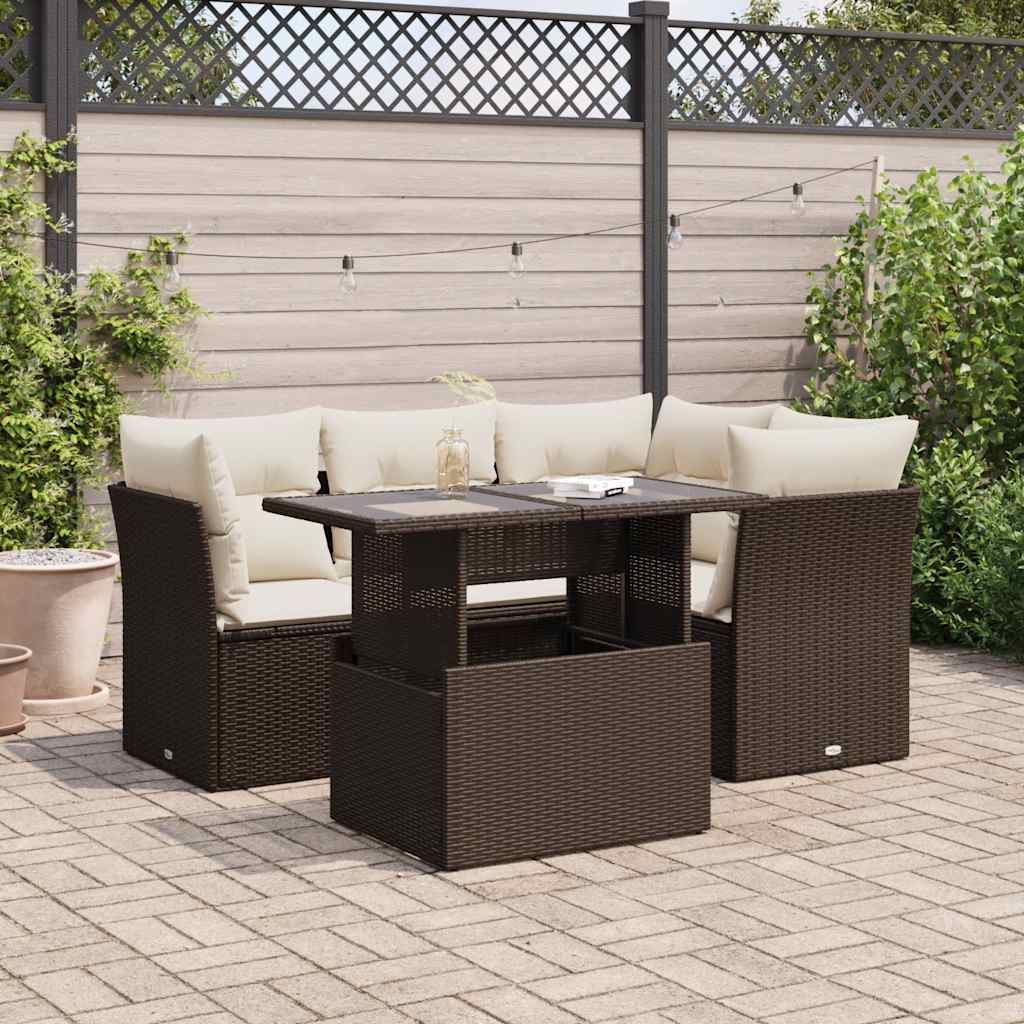 5-tlg. Garten-Sofagarnitur mit Kissen Braun Poly Rattan