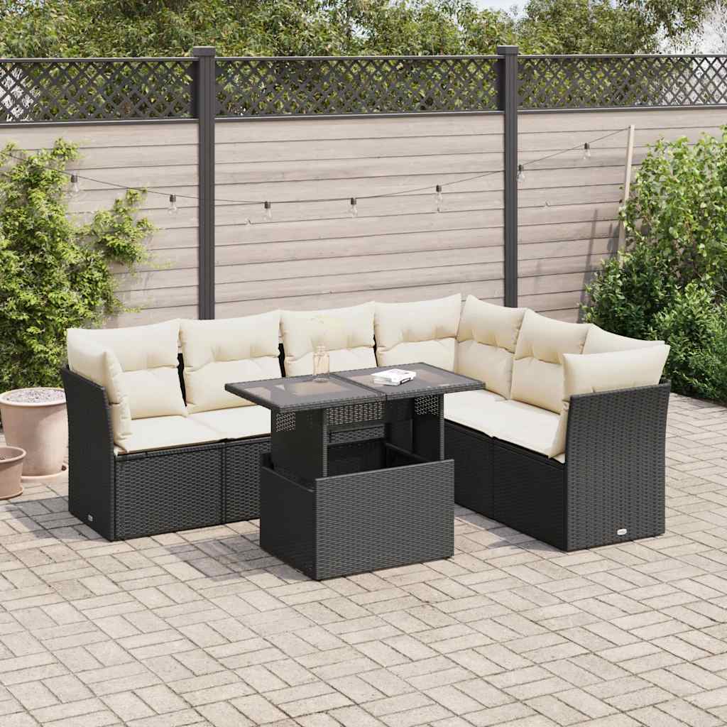 vidaXL 7-tlg. Garten-Sofagarnitur mit Kissen Schwarz Poly Rattan