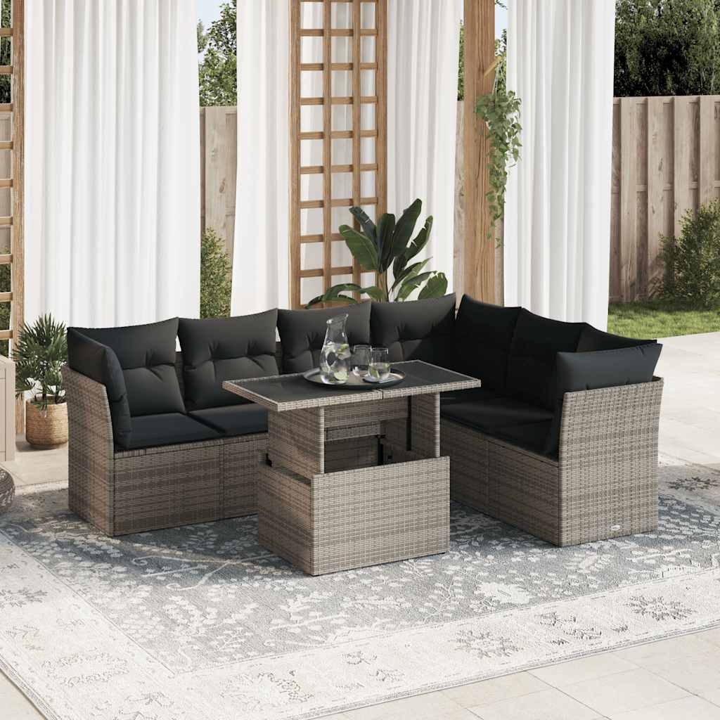 vidaXL 7-tlg. Garten-Sofagarnitur mit Kissen Grau Poly Rattan