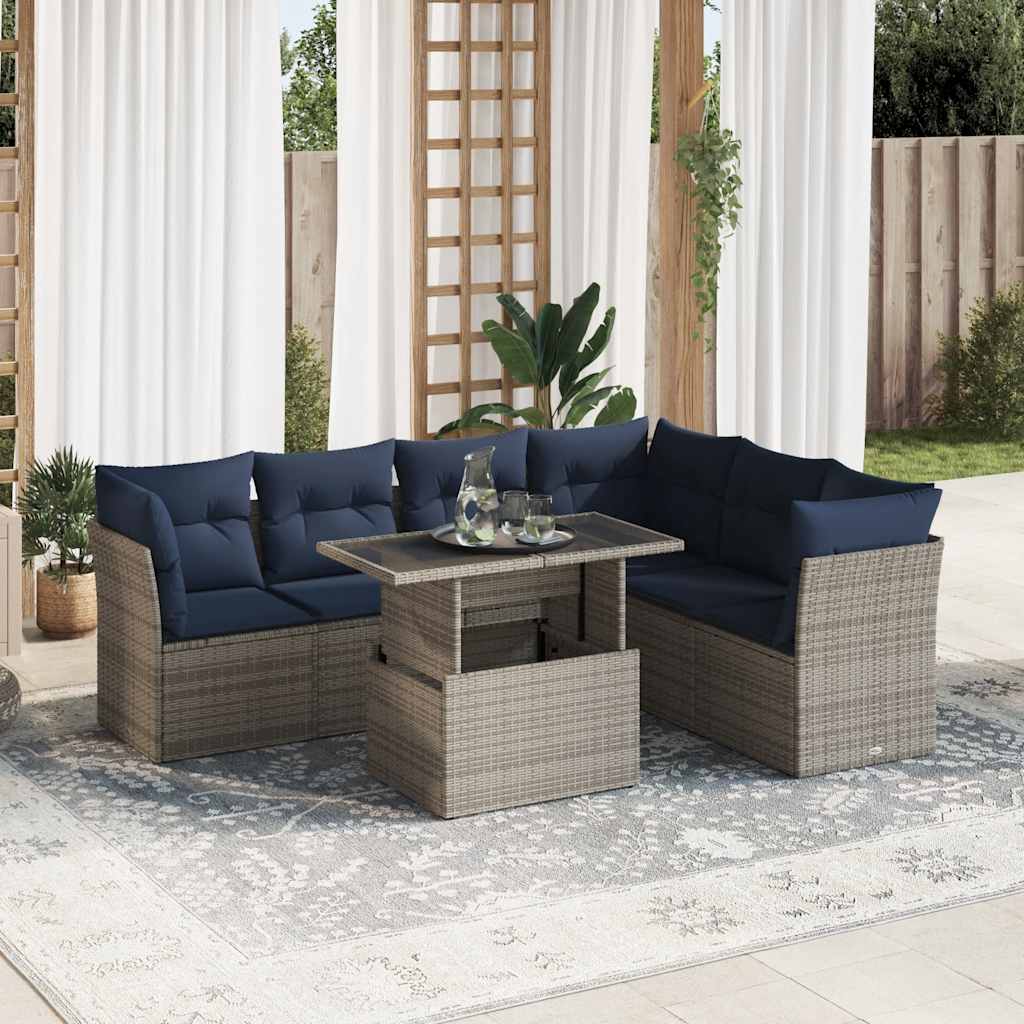 vidaXL 7-tlg. Garten-Sofagarnitur mit Kissen Schwarz Poly Rattan