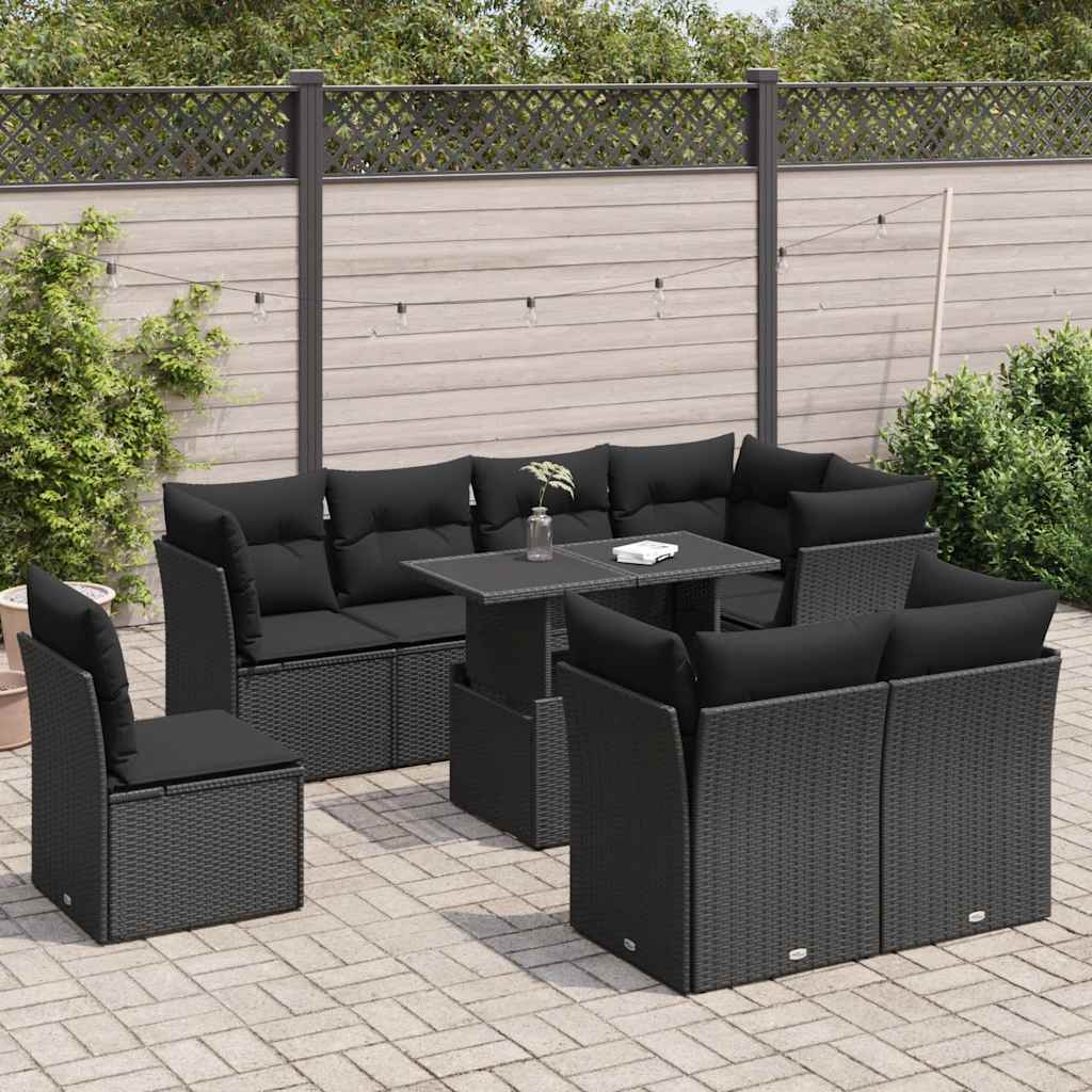 vidaXL 9-tlg. Garten-Sofagarnitur mit Kissen Schwarz Poly Rattan