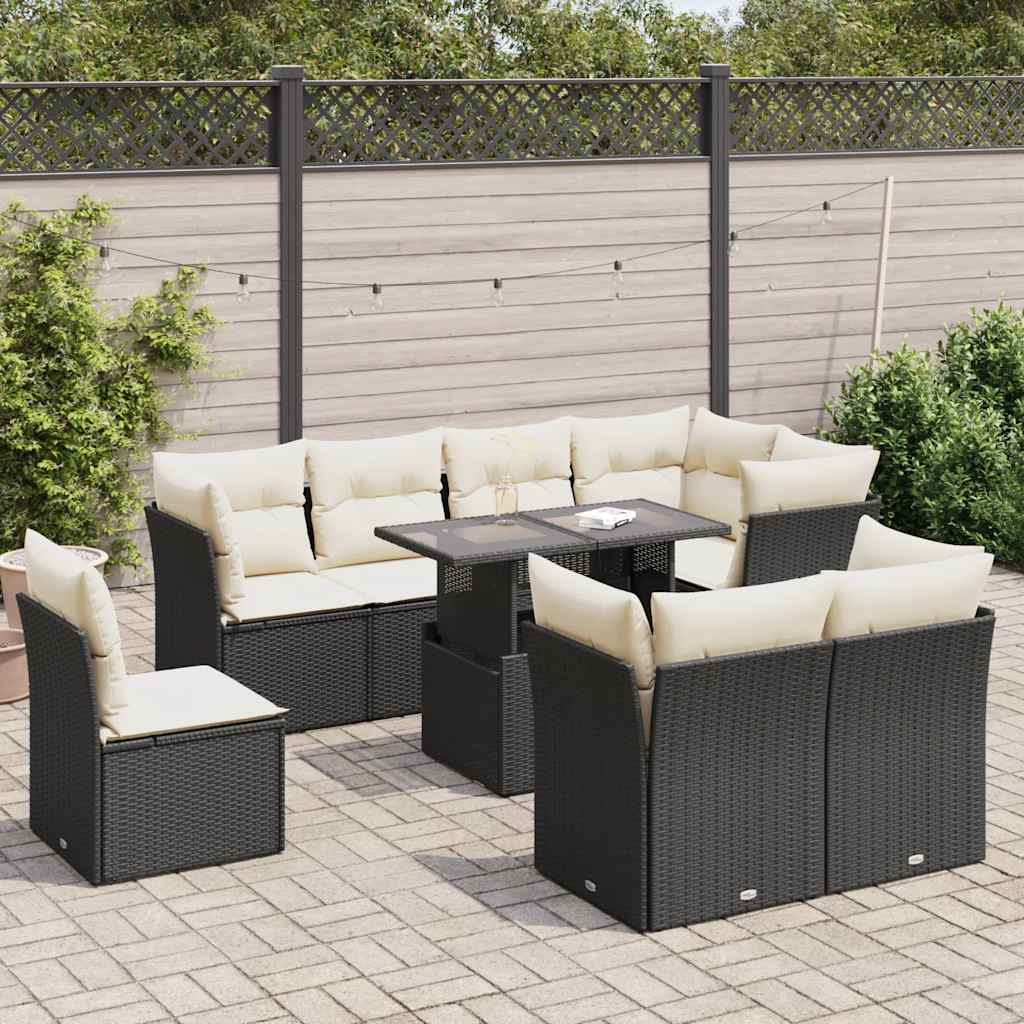 vidaXL 9-tlg. Garten-Sofagarnitur mit Kissen Schwarz Poly Rattan