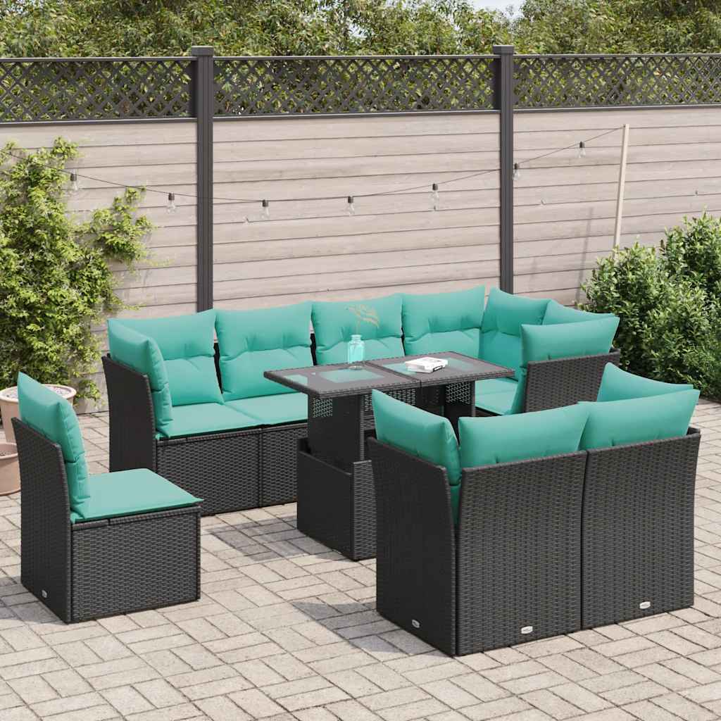 vidaXL 9-tlg. Garten-Sofagarnitur mit Kissen Schwarz Poly Rattan