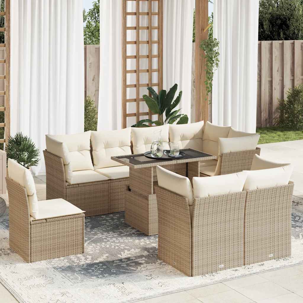 9-tlg. Garten-Sofagarnitur mit Kissen Beige Poly Rattan