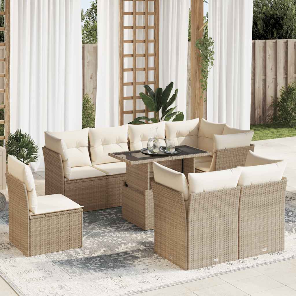 vidaXL Set canapele de grădină, 9 piese, cu perne, bej, poliratan