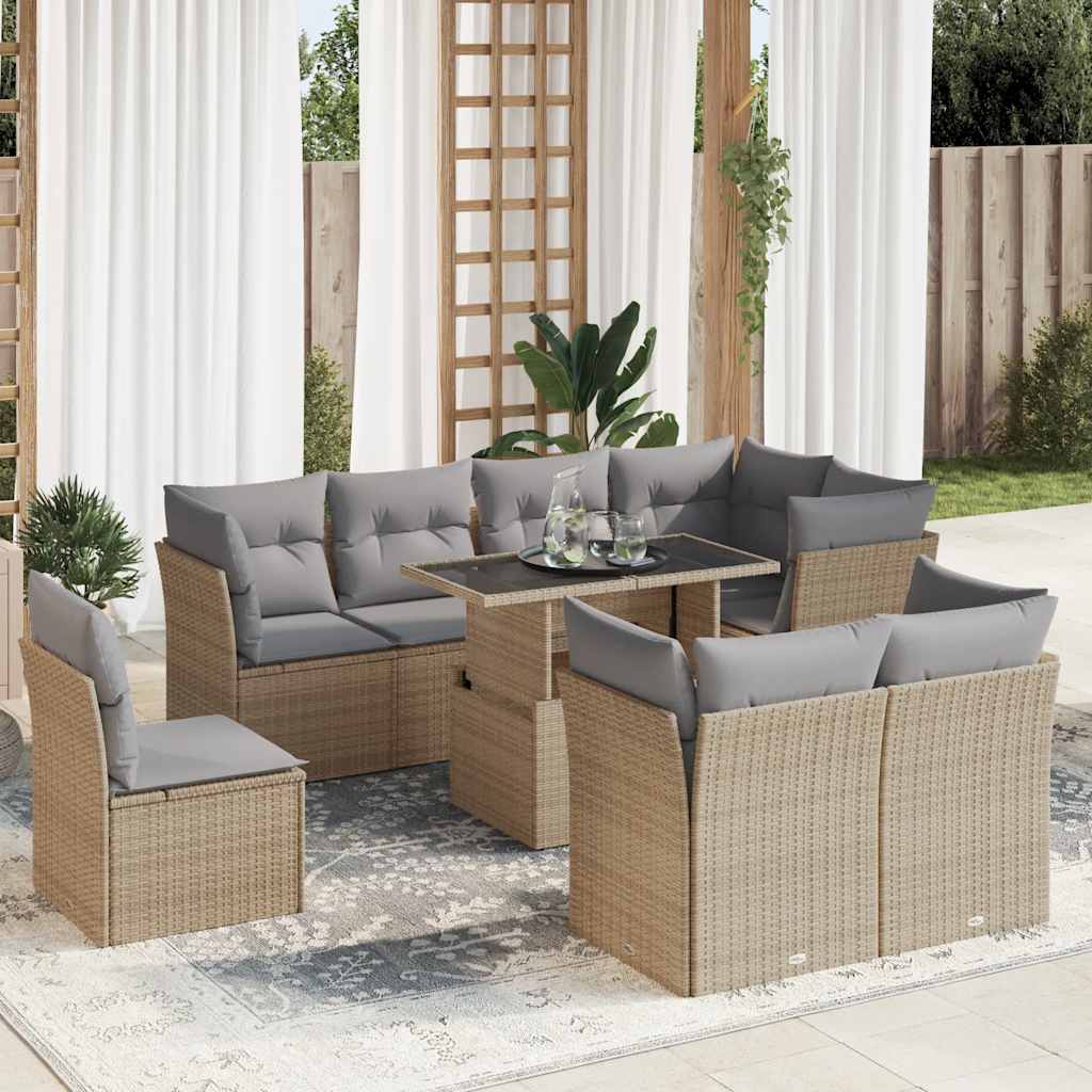 vidaXL Set canapele de grădină, 9 piese, cu perne, bej, poliratan