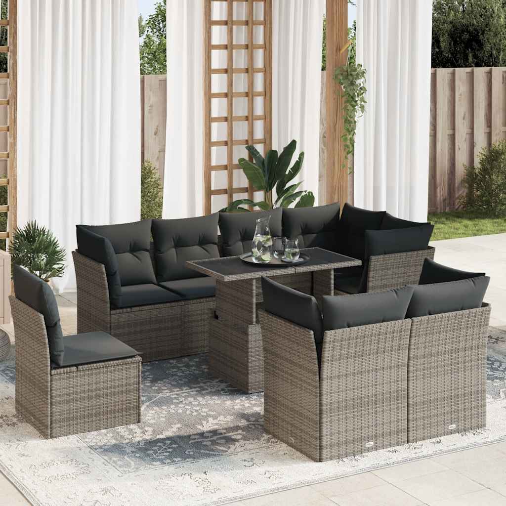 vidaXL Set canapele de grădină, 9 piese, cu perne, gri, poliratan