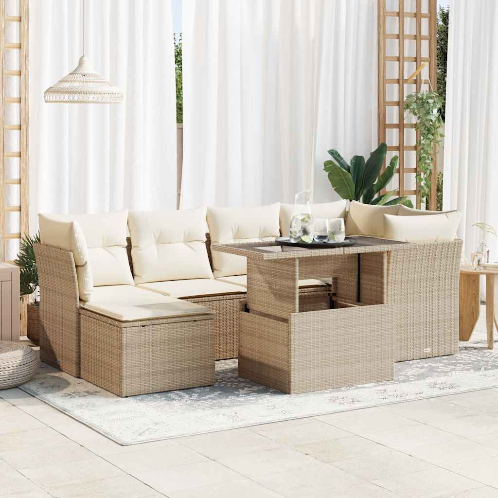 7-tlg. Garten-Sofagarnitur mit Kissen Beige Poly Rattan