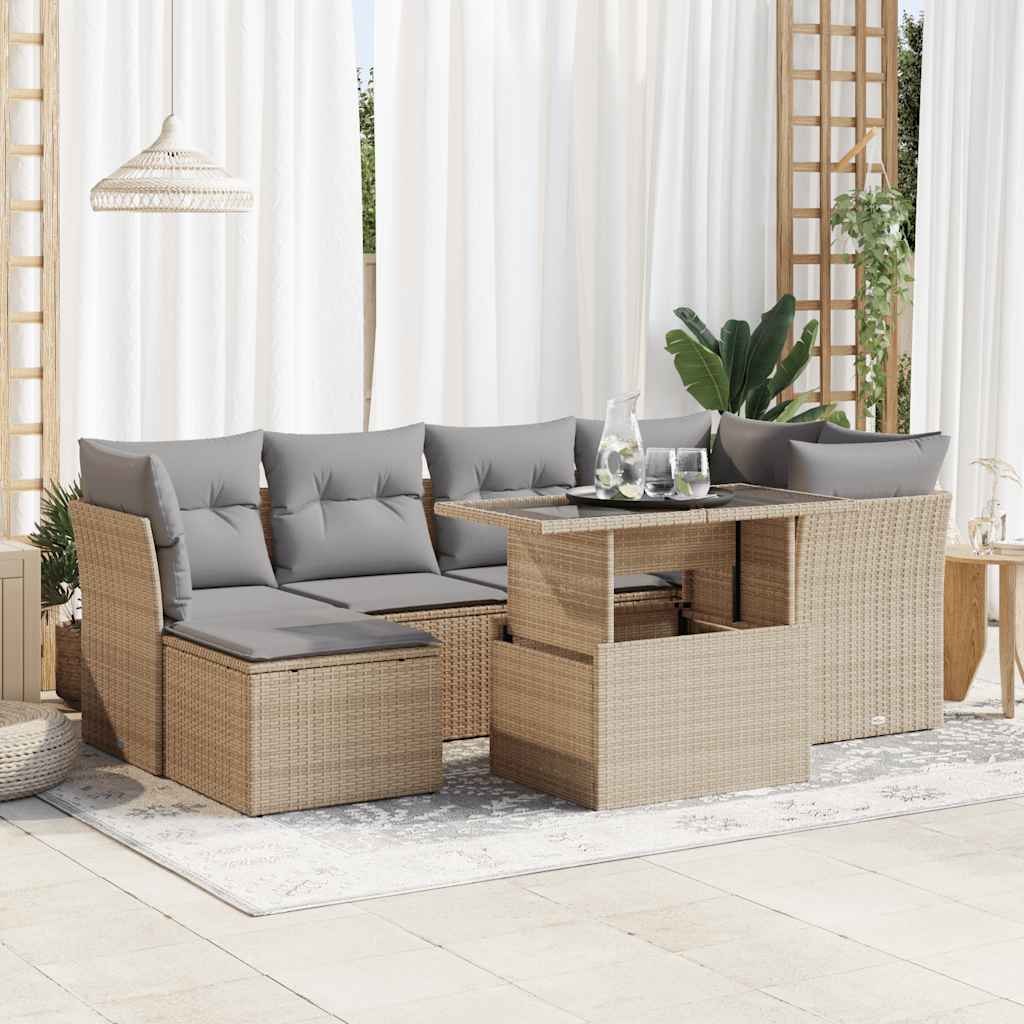 vidaXL 7-tlg. Garten-Sofagarnitur mit Kissen Beige Poly Rattan