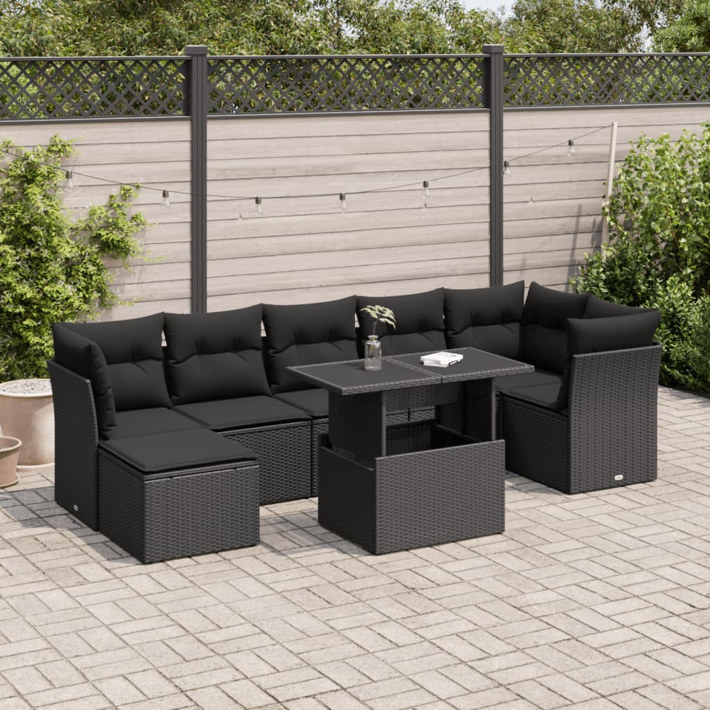 vidaXL 8-tlg. Garten-Sofagarnitur mit Kissen Schwarz Poly Rattan