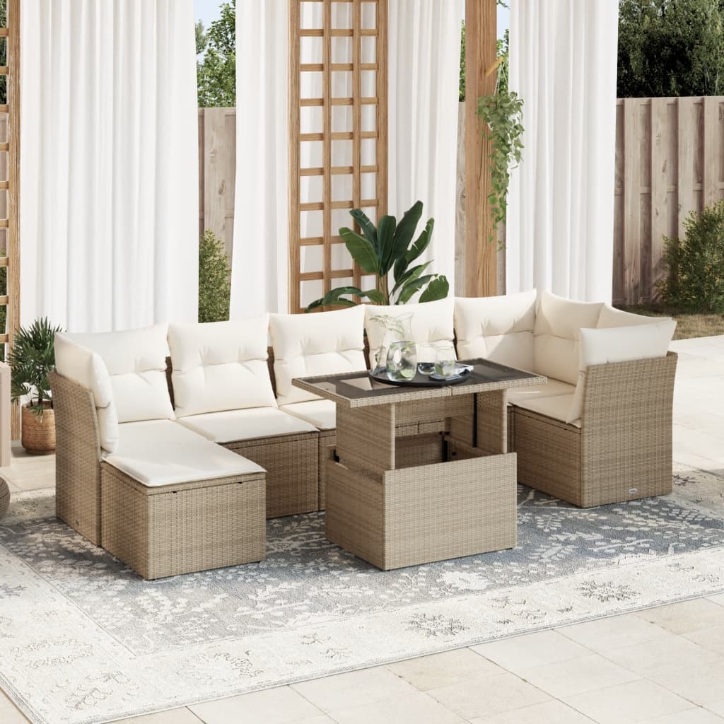 vidaXL 8-tlg. Garten-Sofagarnitur mit Kissen Beige Poly Rattan