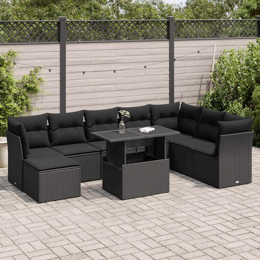 vidaXL 9-tlg. Garten-Sofagarnitur mit Kissen Schwarz Poly Rattan