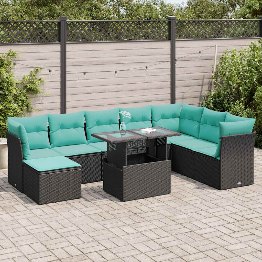 vidaXL 9-tlg. Garten-Sofagarnitur mit Kissen Schwarz Poly Rattan