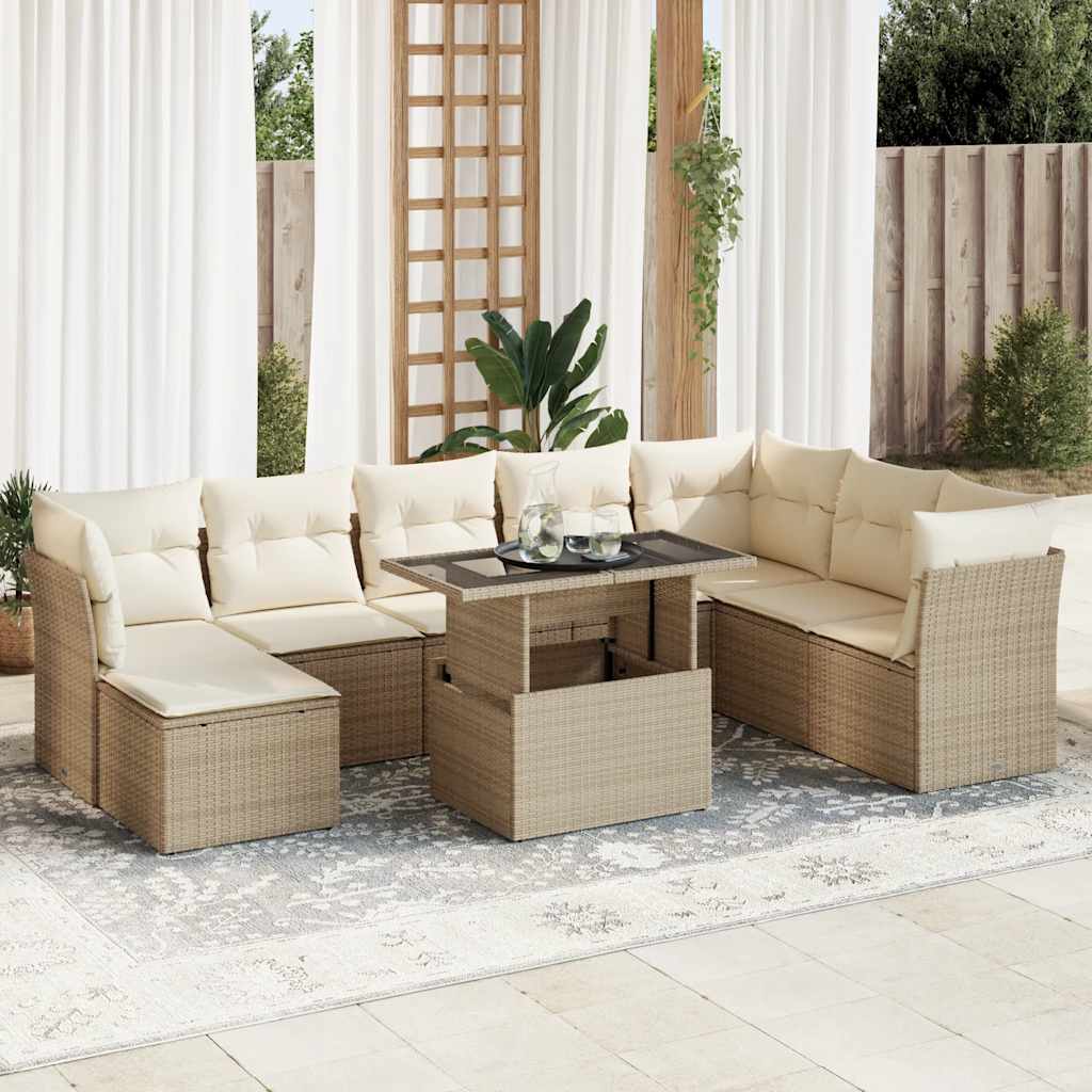 9-tlg. Garten-Sofagarnitur mit Kissen Beige Poly Rattan