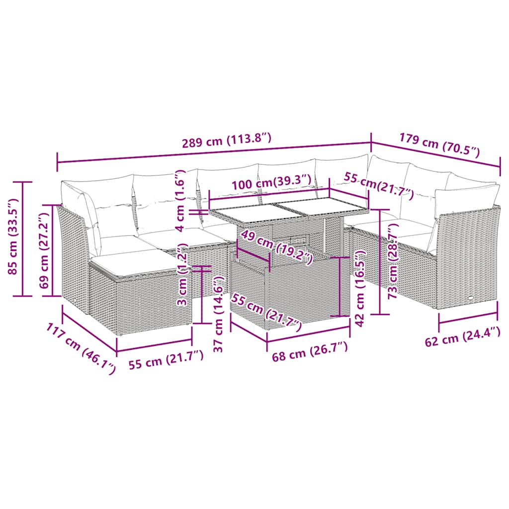 Vrtna sedežna garnitura z blazinami 9-delna rjav ratan/akacija - slika 13