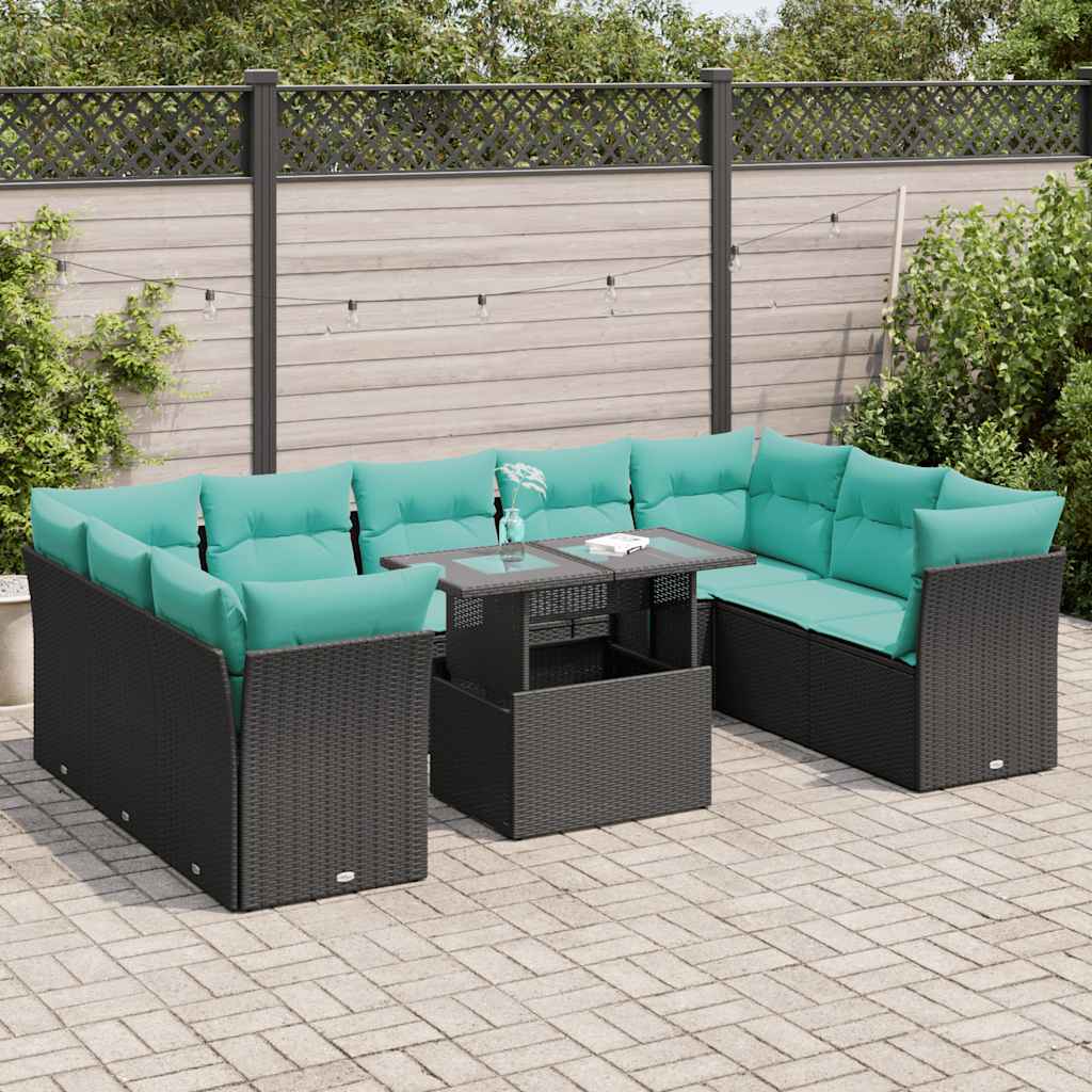 vidaXL 10-tlg. Garten-Sofagarnitur mit Kissen Schwarz Poly Rattan