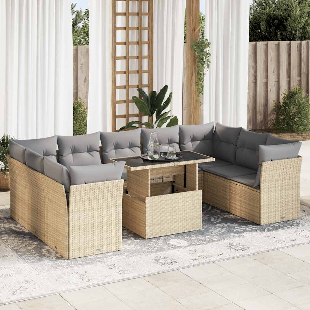 vidaXL 10-tlg. Garten-Sofagarnitur mit Kissen Beige Poly Rattan