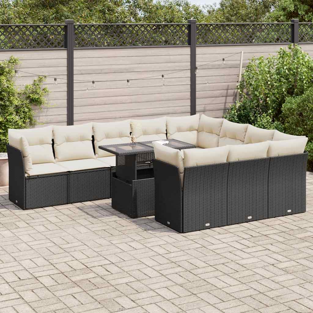 11-tlg. Garten-Sofagarnitur mit Kissen Schwarz Poly Rattan