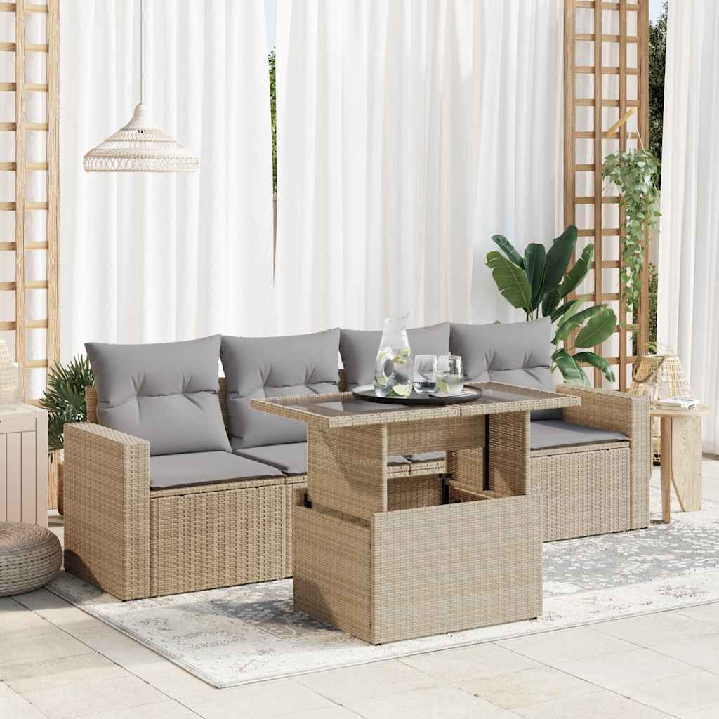 vidaXL 5-tlg. Garten-Sofagarnitur mit Kissen Beige Poly Rattan