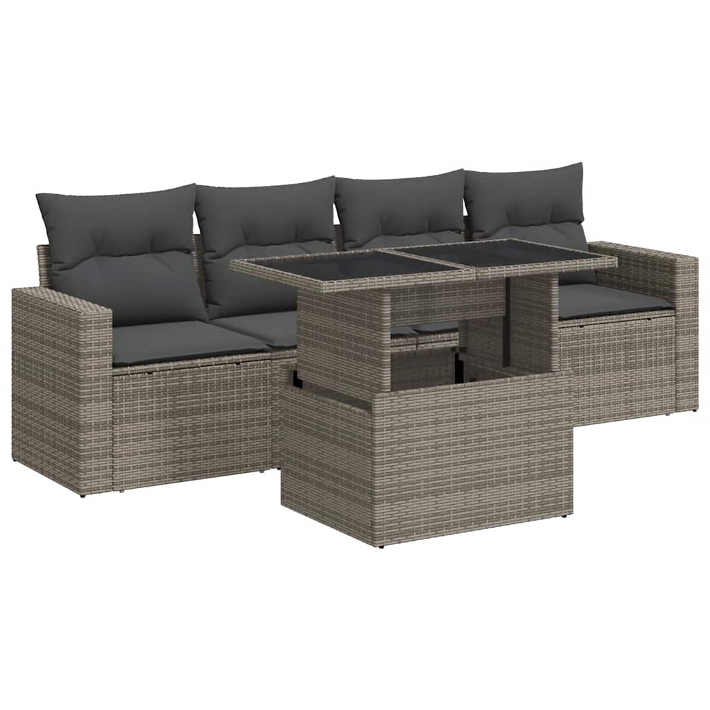 vidaXL 5-delige Loungeset met kussens poly rattan grijs, foto 3