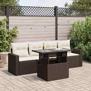 Vrtna sedežna garnitura 5-delna z blazinami rjav poli ratan