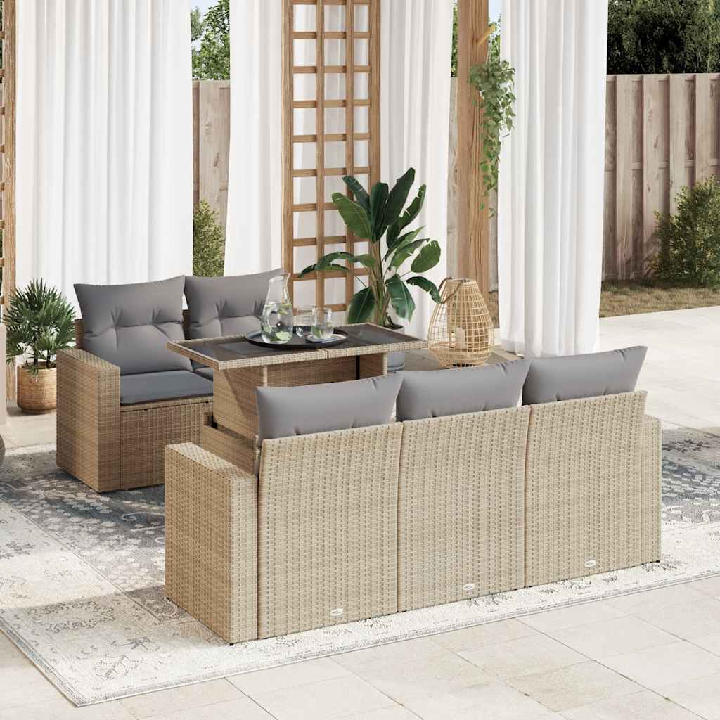 vidaXL 6-tlg. Garten-Sofagarnitur mit Kissen Beige Poly Rattan