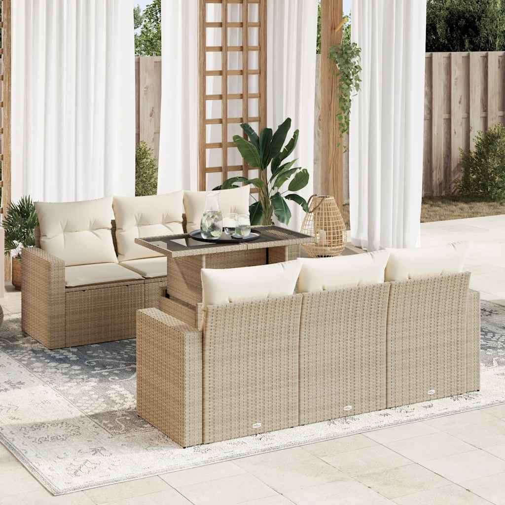 vidaXL 7-tlg. Garten-Sofagarnitur mit Kissen Beige Poly Rattan