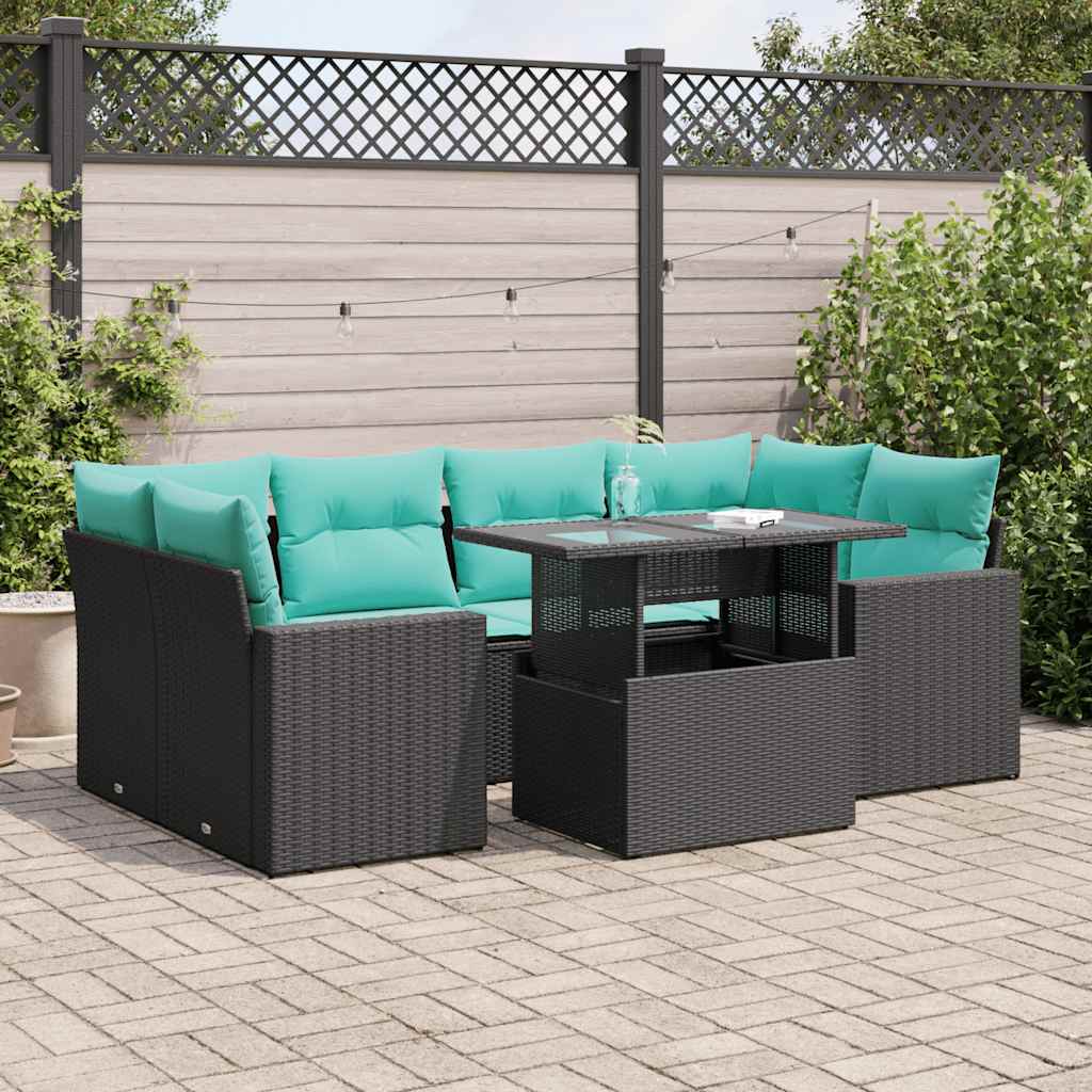 vidaXL 7-tlg. Garten-Sofagarnitur mit Kissen Schwarz Poly Rattan