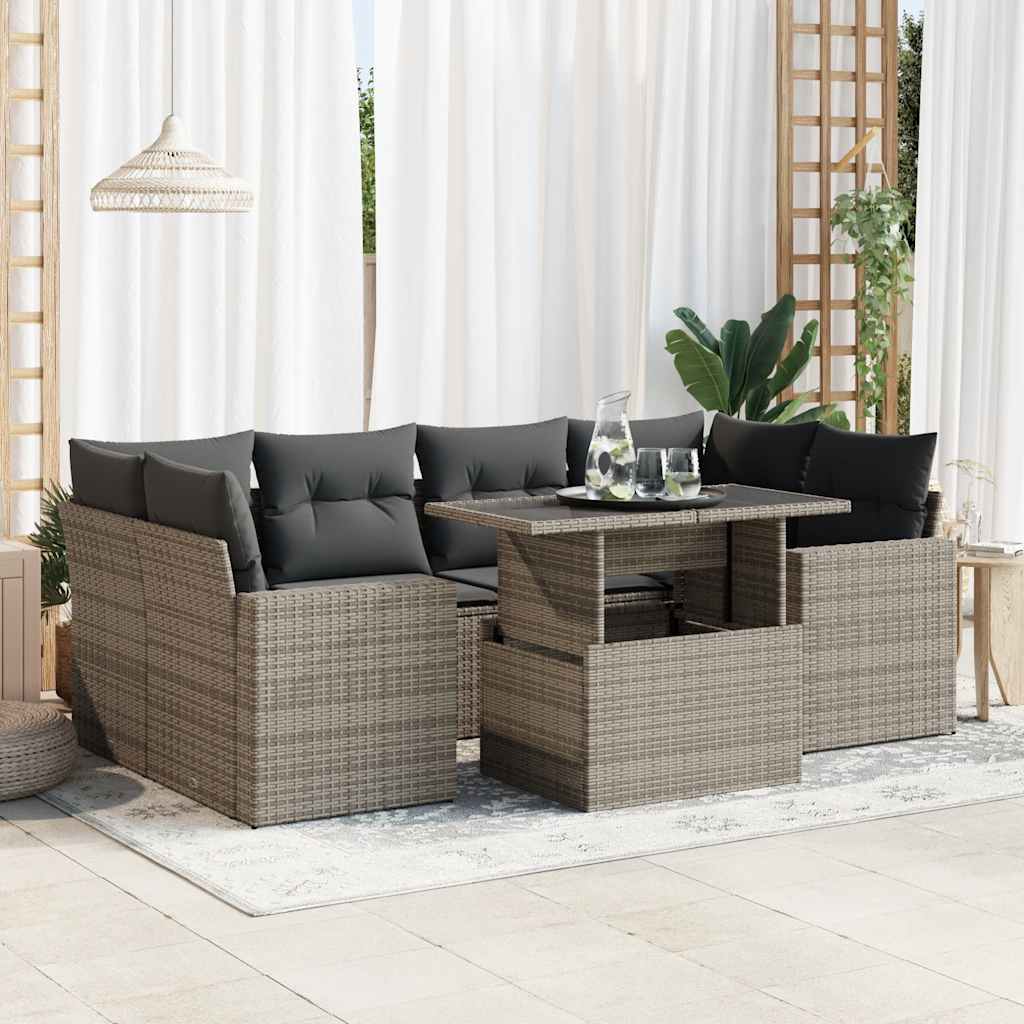 7-tlg. Garten-Sofagarnitur mit Kissen Grau Poly Rattan