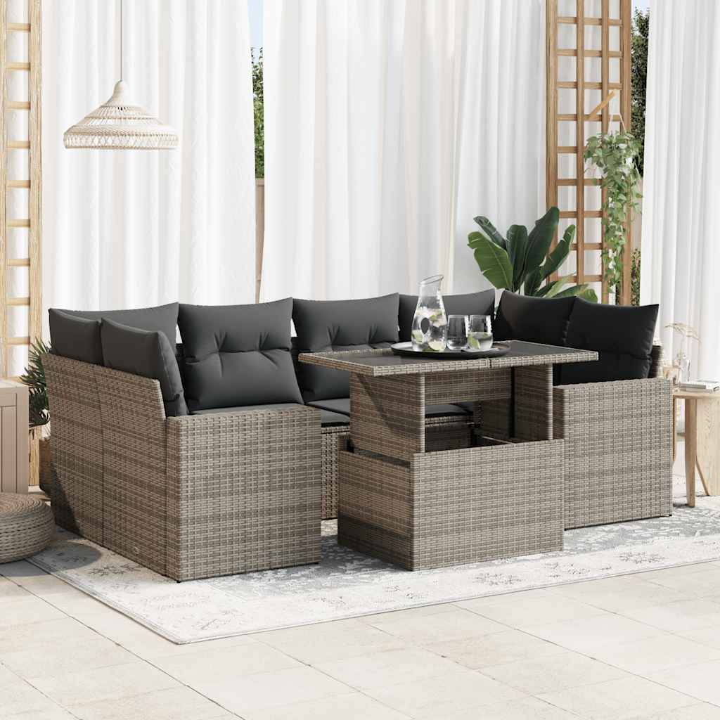 vidaXL 7-tlg. Garten-Sofagarnitur mit Kissen Grau Poly Rattan