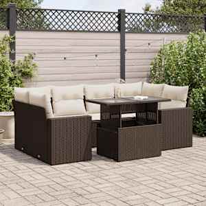 Vrtna sedežna garnitura 7-delna z blazinami rjav poli ratan