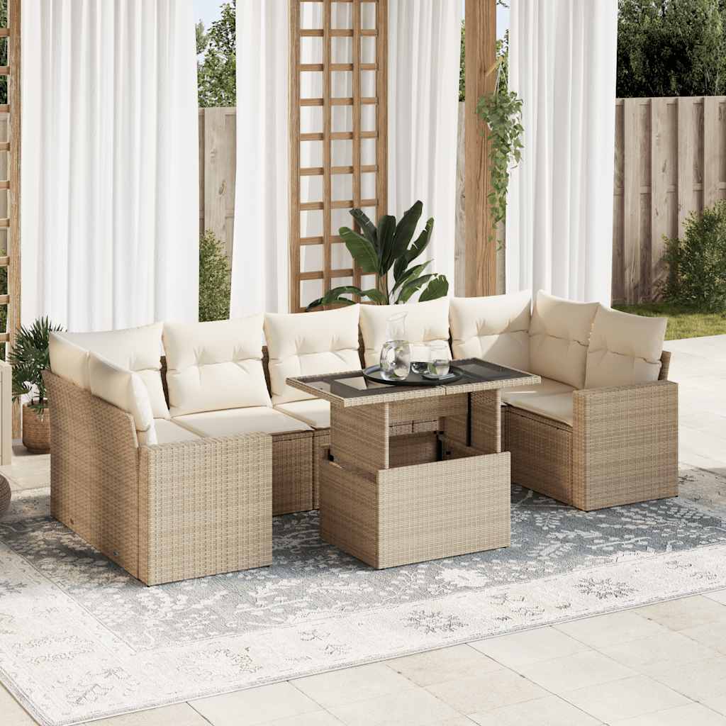 vidaXL 8-tlg. Garten-Sofagarnitur mit Kissen Beige Poly Rattan