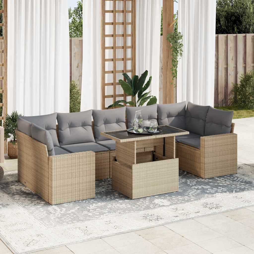 vidaXL 8-tlg. Garten-Sofagarnitur mit Kissen Beige Poly Rattan