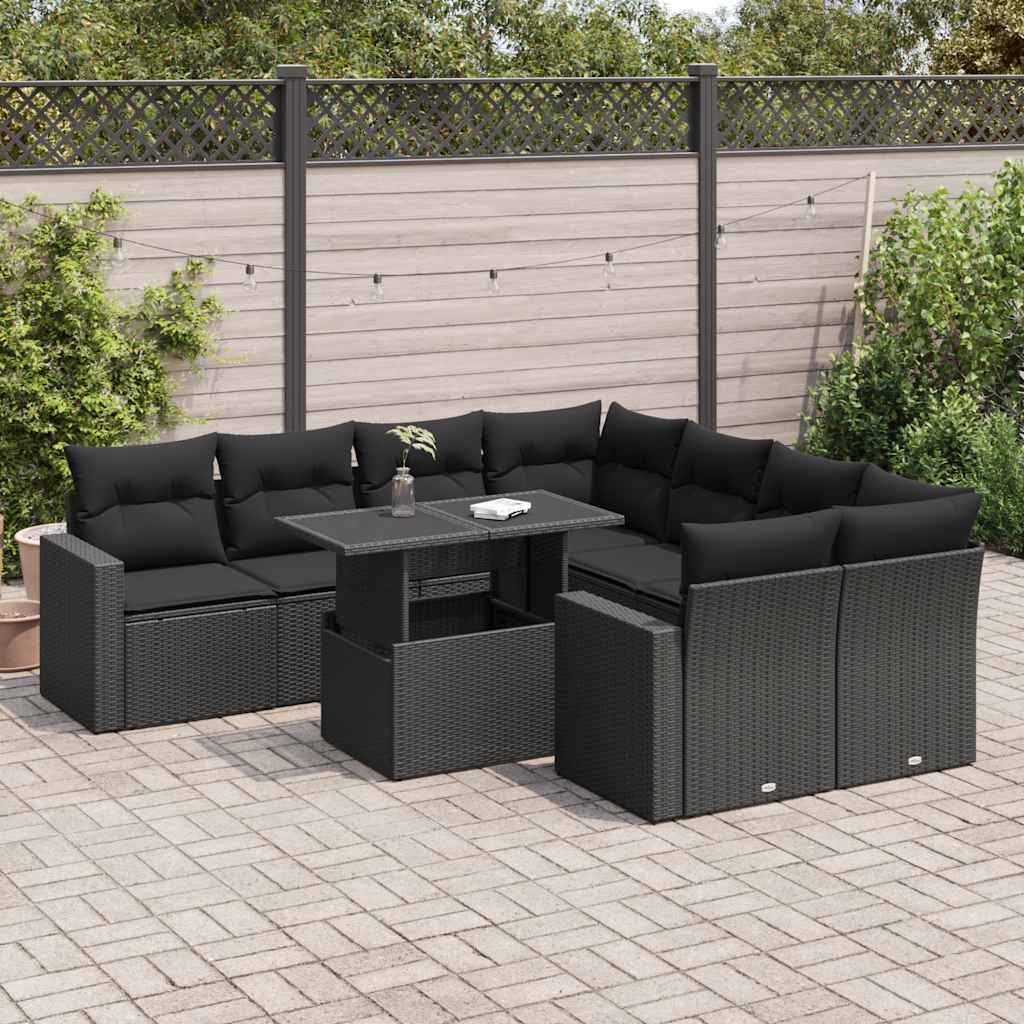 vidaXL Set mobilier de grădină cu perne, 9 piese, negru, poliratan