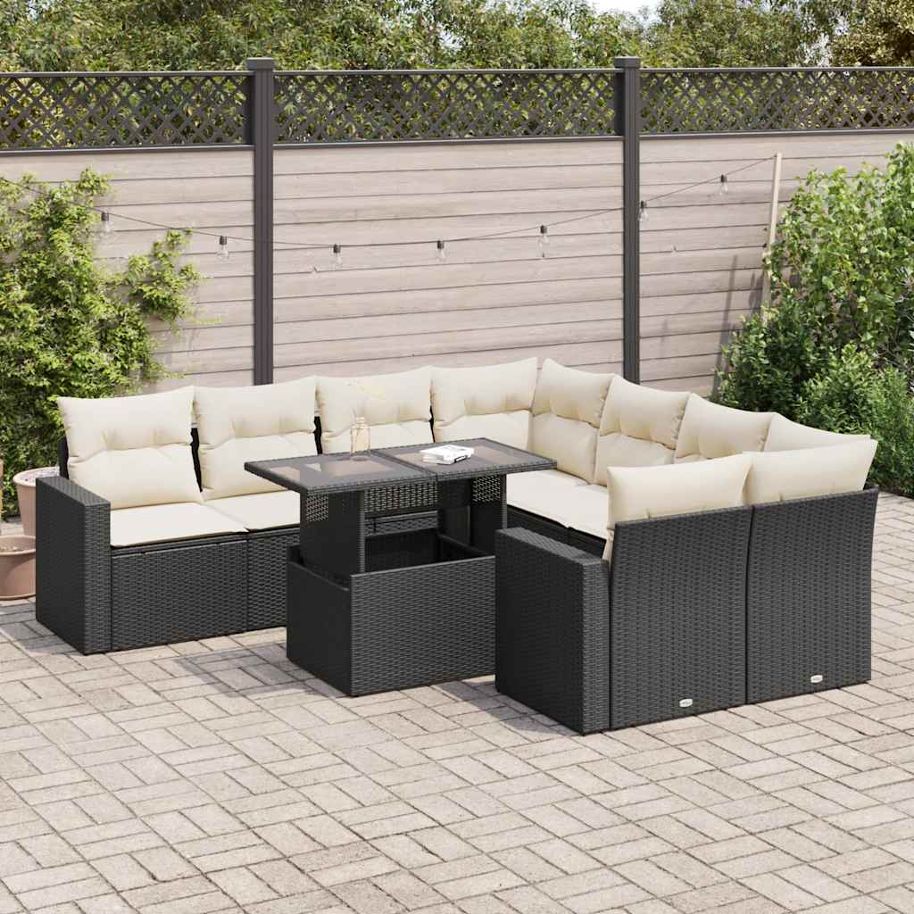 vidaXL 9-tlg. Garten-Sofagarnitur mit Kissen Schwarz Poly Rattan