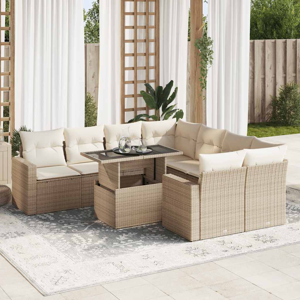 vidaXL 9-tlg. Garten-Sofagarnitur mit Kissen Beige Poly Rattan