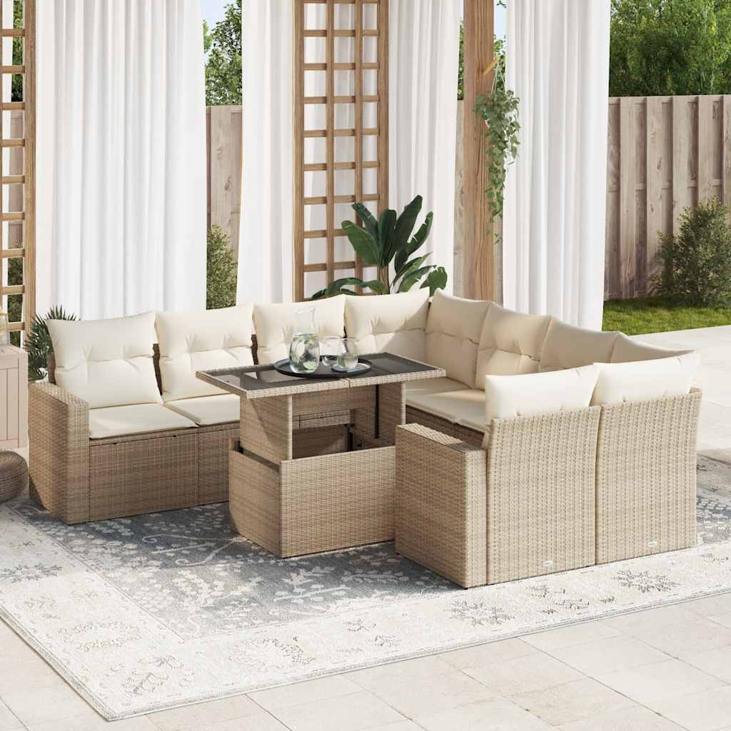 vidaXL Set canapele de grădină, 9 piese, cu perne, bej, poliratan