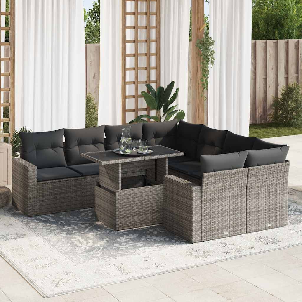 vidaXL 9-tlg. Garten-Sofagarnitur mit Kissen Grau Poly Rattan