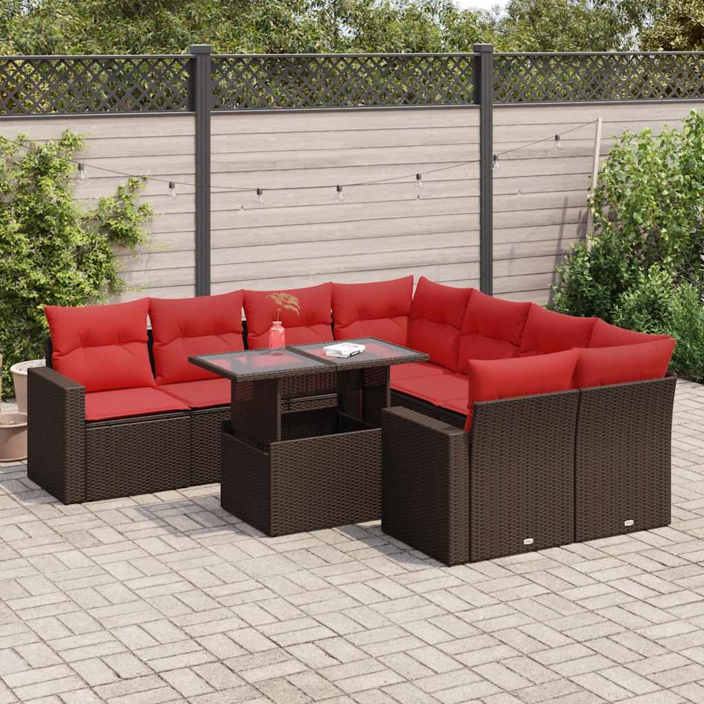 vidaXL 9-tlg. Garten-Sofagarnitur mit Kissen Braun Poly Rattan Akazie