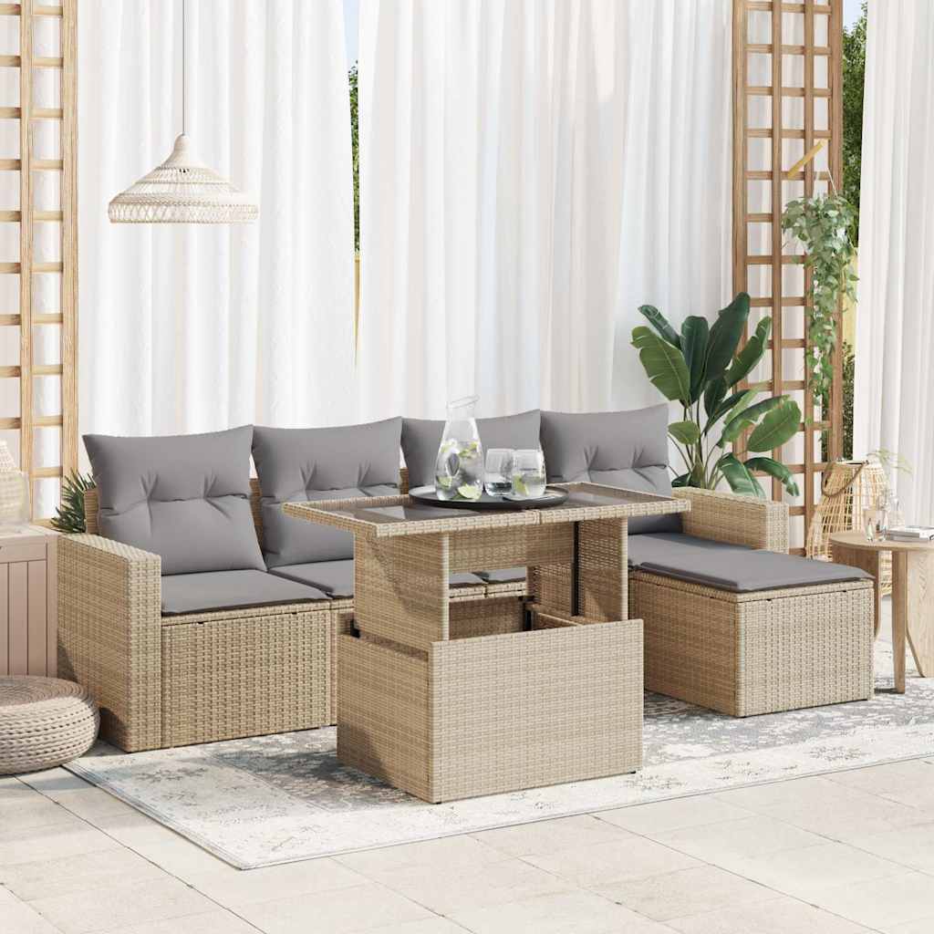 vidaXL 6-tlg. Garten-Sofagarnitur mit Kissen Beige Poly Rattan