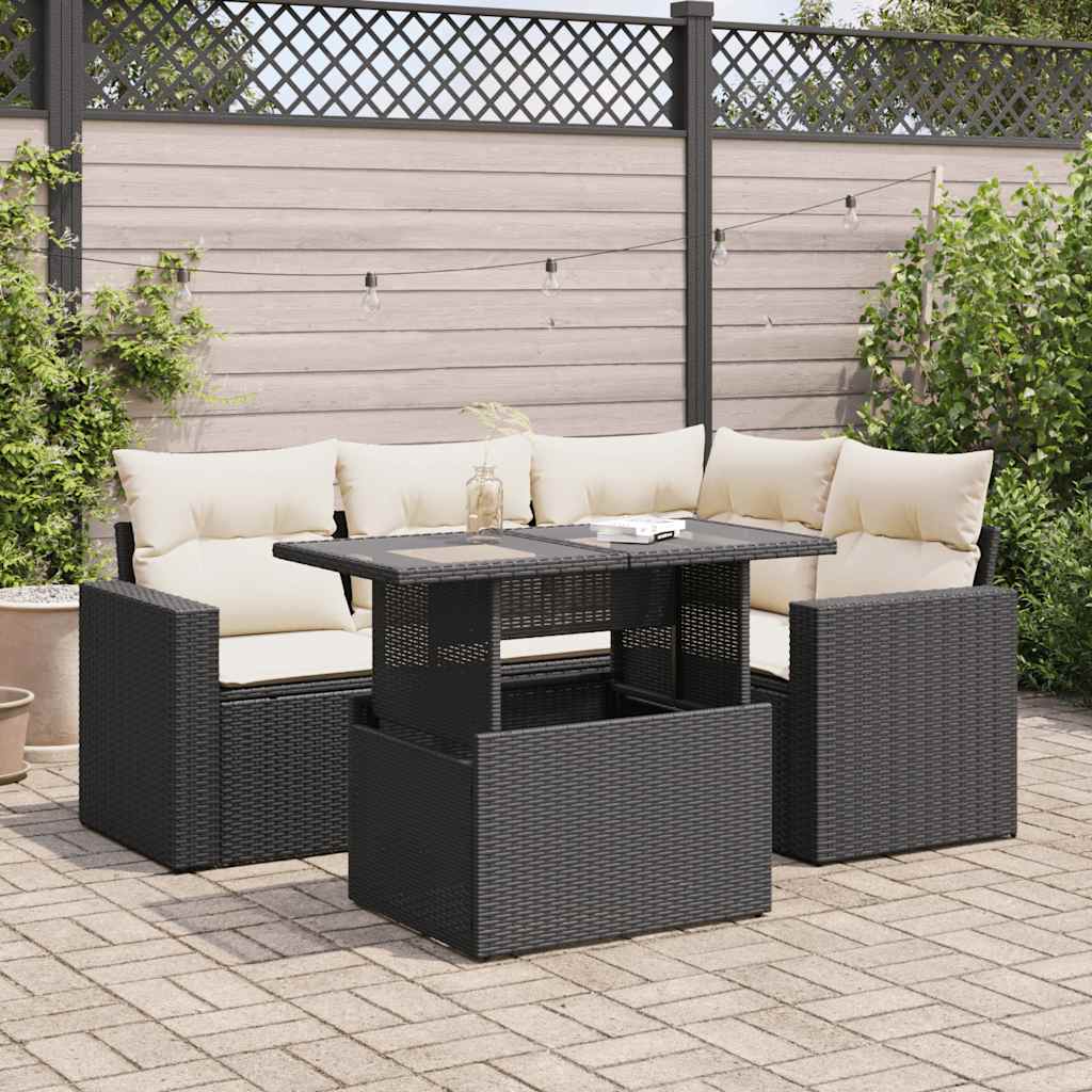 5-tlg. Garten-Sofagarnitur mit Kissen Schwarz Poly Rattan