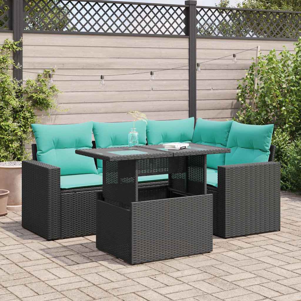 vidaXL 5tlg. Garten-Sofagarnitur mit Kissen Schwarz Poly Rattan Akazie